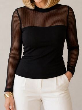 Black Mesh Sheer Long Sleeve Top Slim Fit Blouse Chic Sexy